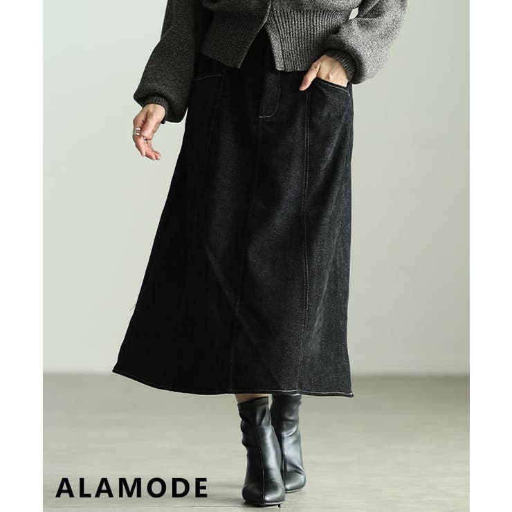 ブラック | 艶感で差がつくベロアデニム切替フレアスカート レディース スカート | Sawa a la mode