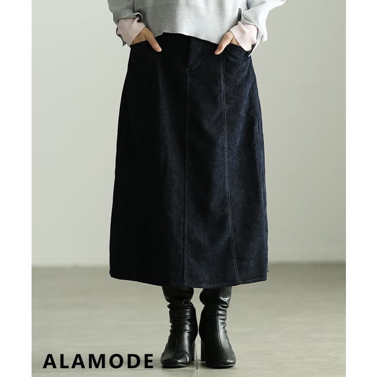 ネイビー | 艶感で差がつくベロアデニム切替フレアスカート レディース スカート | Sawa a la mode
