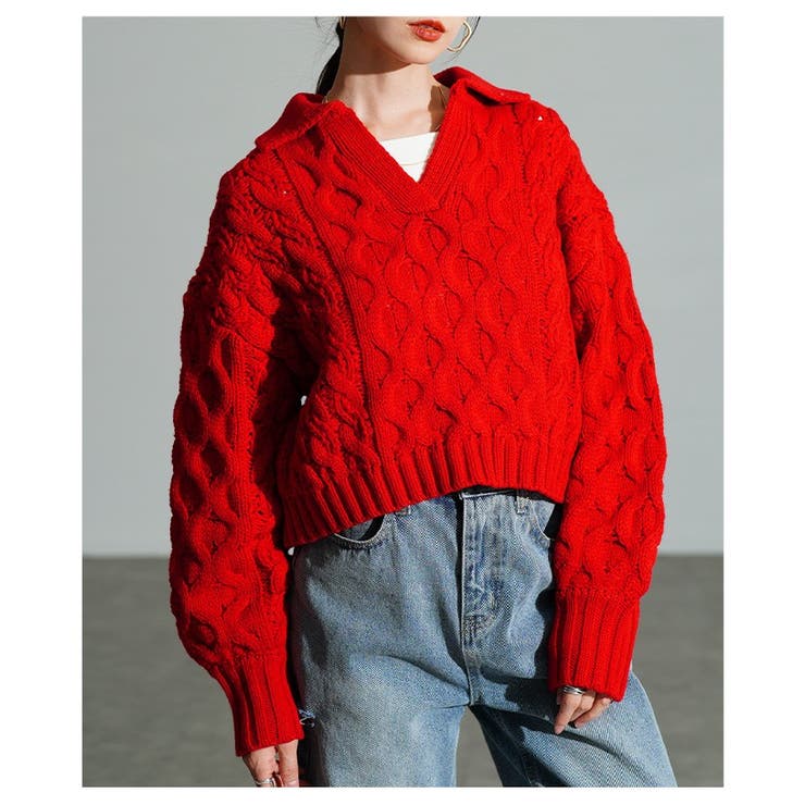 レッド | 季節の着こなしを纏うケーブル編みスキッパーニットセーター レディース ファッション | Sawa a la mode