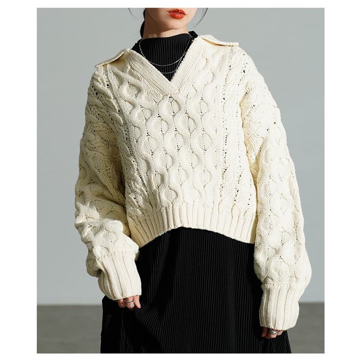 アイボリー | 季節の着こなしを纏うケーブル編みスキッパーニットセーター レディース ファッション | Sawa a la mode