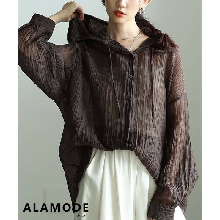 ブラウン | ニュアンスで決まるワッシャー加工フーディーシャツ レディース ファッション | Sawa a la mode