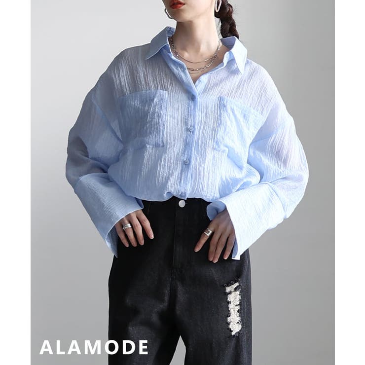 ブルー | 透け感が魅力のシアーワッシャービッグカフスシャツ レディース トップス | Sawa a la mode