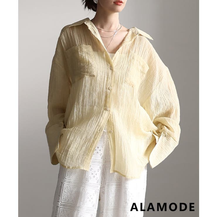 イエロー | 透け感が魅力のシアーワッシャービッグカフスシャツ レディース トップス | Sawa a la mode