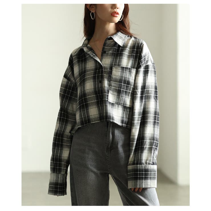 ブラック | 暖かみを感じる起毛チェックショート丈ポケットシャツ レディース ファッション | Sawa a la mode