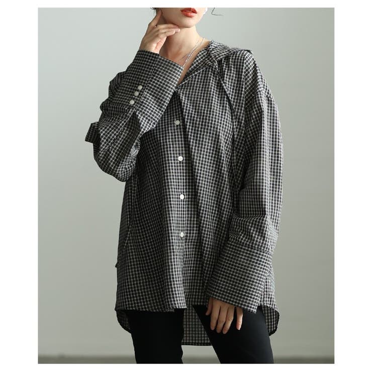 ブラック | ラフ感漂うチェック柄フーディーオーバーシャツ レディース ファッション | Sawa a la mode