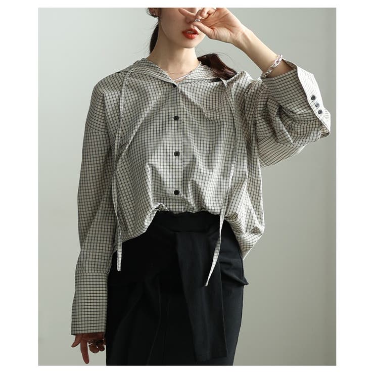 アイボリー | ラフ感漂うチェック柄フーディーオーバーシャツ レディース ファッション | Sawa a la mode