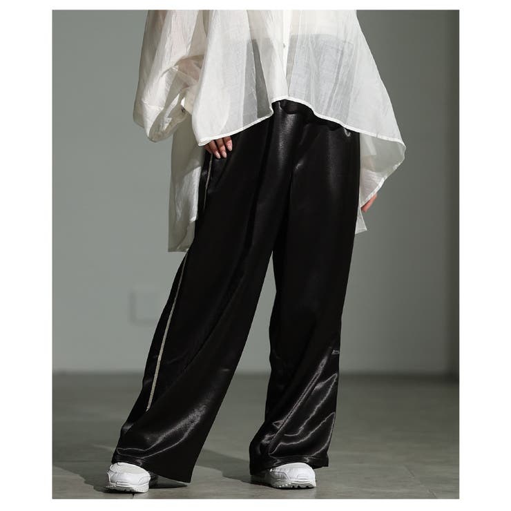 ブラック | 格上げするサイドラインサテンイージーワイドパンツ レディース ファッション | Sawa a la mode