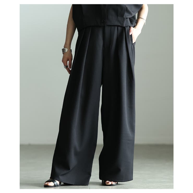 ブラック | マイルドな光沢宿るハイウエストタックワイドパンツ レディース ファッション | Sawa a la mode