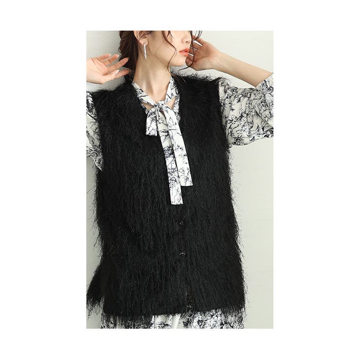 ブラック | トレンドライクなフリンジカットソーフロントホックベスト レディース ファッション | Sawa a la mode