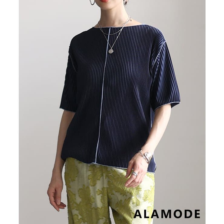 ネイビー | 春新作 ディティールで魅せる配色メロープリーツ半袖トップス レディース | Sawa a la mode
