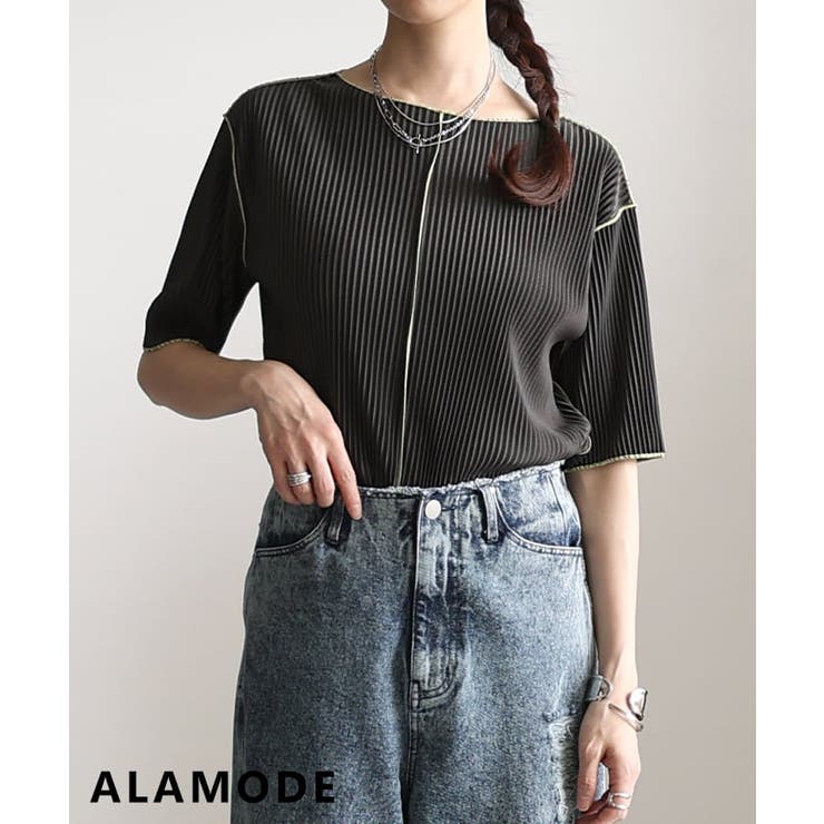 チャコール | 春新作 ディティールで魅せる配色メロープリーツ半袖トップス レディース | Sawa a la mode