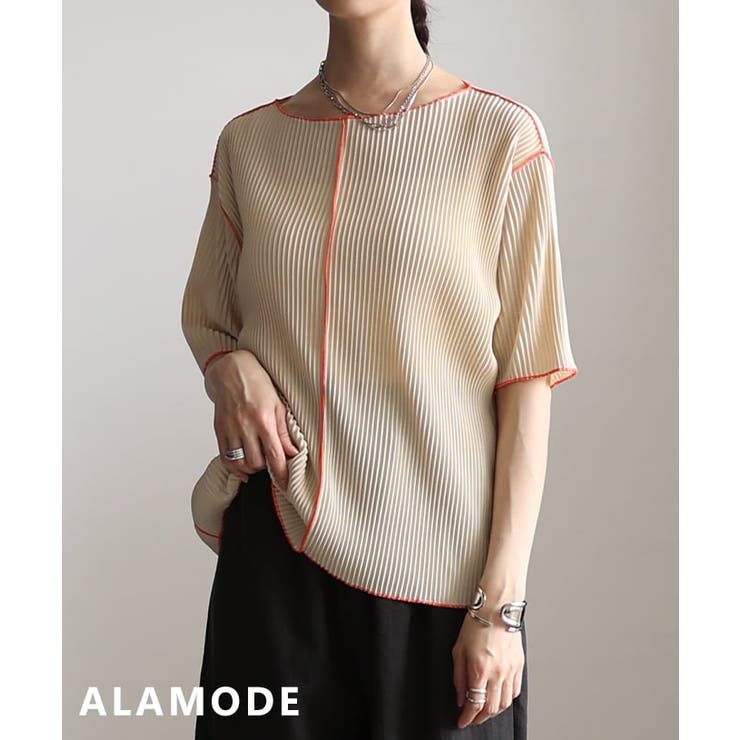 アイボリー | 春新作 ディティールで魅せる配色メロープリーツ半袖トップス レディース | Sawa a la mode