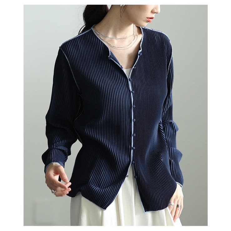 ネイビー | コーデが華やぐステッチパイピングプリーツカーディガン レディース ファッション | Sawa a la mode