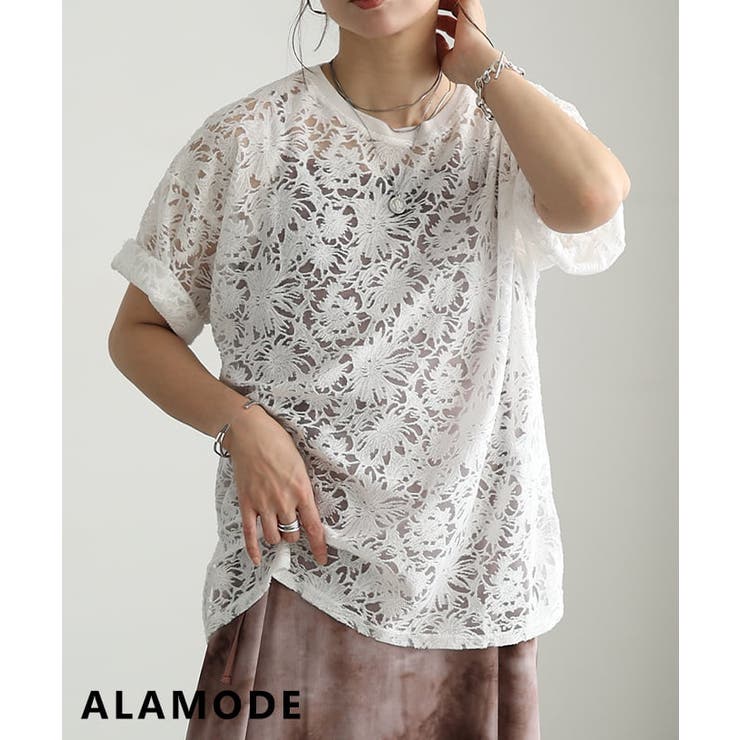 オフホワイト | 華やぎをプラスするシアーレース半袖プルオーバー レディース トップス | Sawa a la mode
