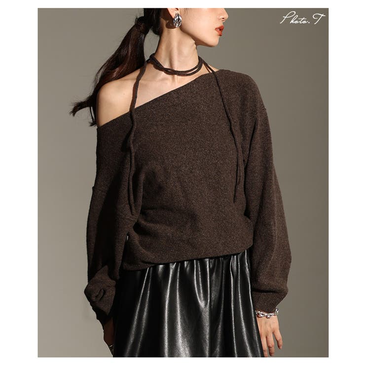 ブラウン | 2wayで楽しめるオフショルチョーカー付きニットプルオーバー レディース | Sawa a la mode