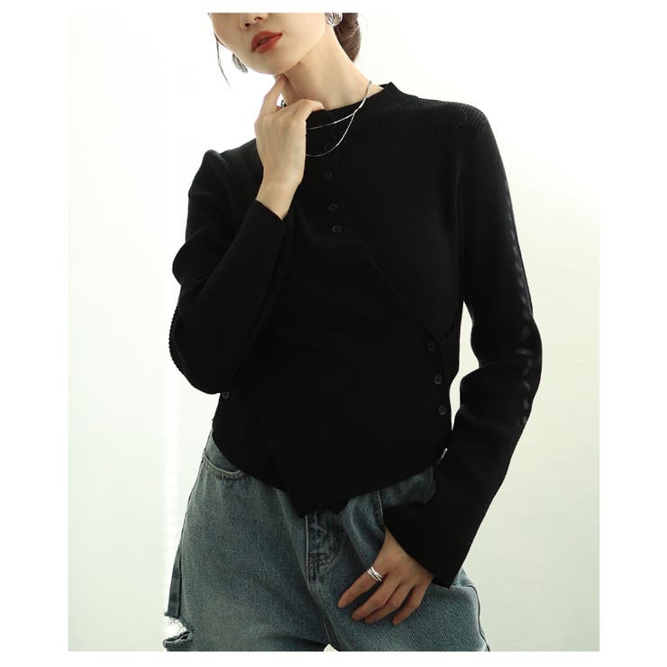 ブラック | ヒトクセ効かせたアシンメトリーリブニットトップス レディース ファッション | Sawa a la mode
