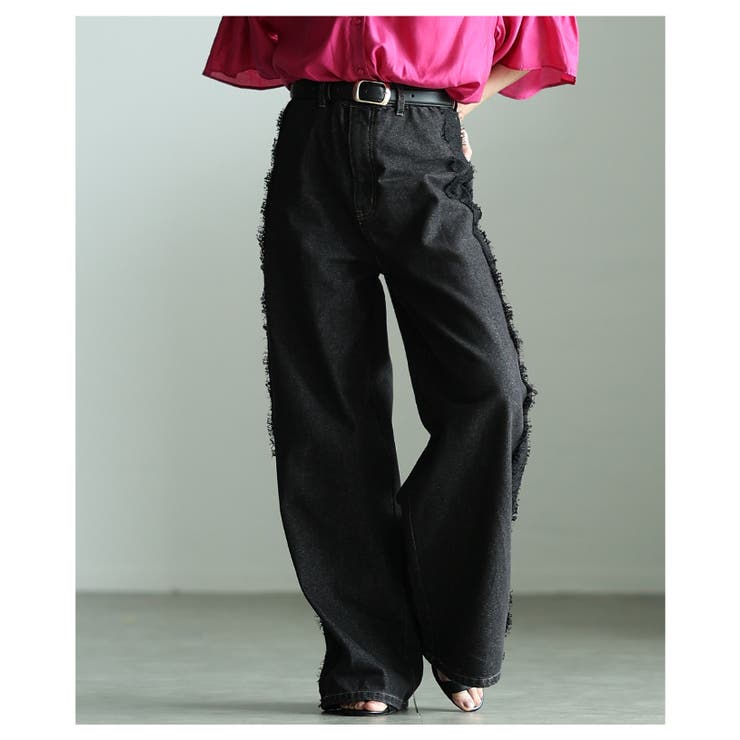 ブラック | 女性らしく彩るサイドレース12オンスデニムワイドパンツ レディース ファッション | Sawa a la mode