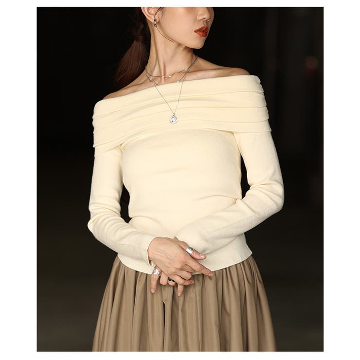 アイボリー | デコルテ美人へ導くオフショルニットプルオーバー レディース ファッション | Sawa a la mode