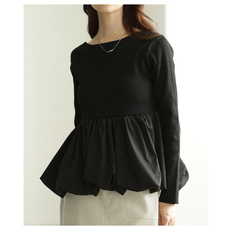 ブラック | 女心くすぐる異素材ペプラムリブニットトップス レディース ファッション | Sawa a la mode