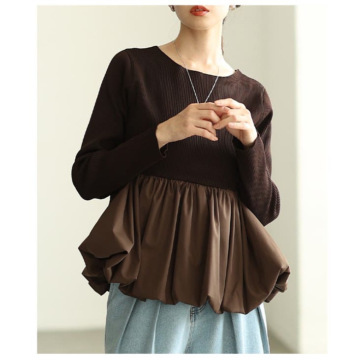 ブラウン | 女心くすぐる異素材ペプラムリブニットトップス レディース ファッション | Sawa a la mode