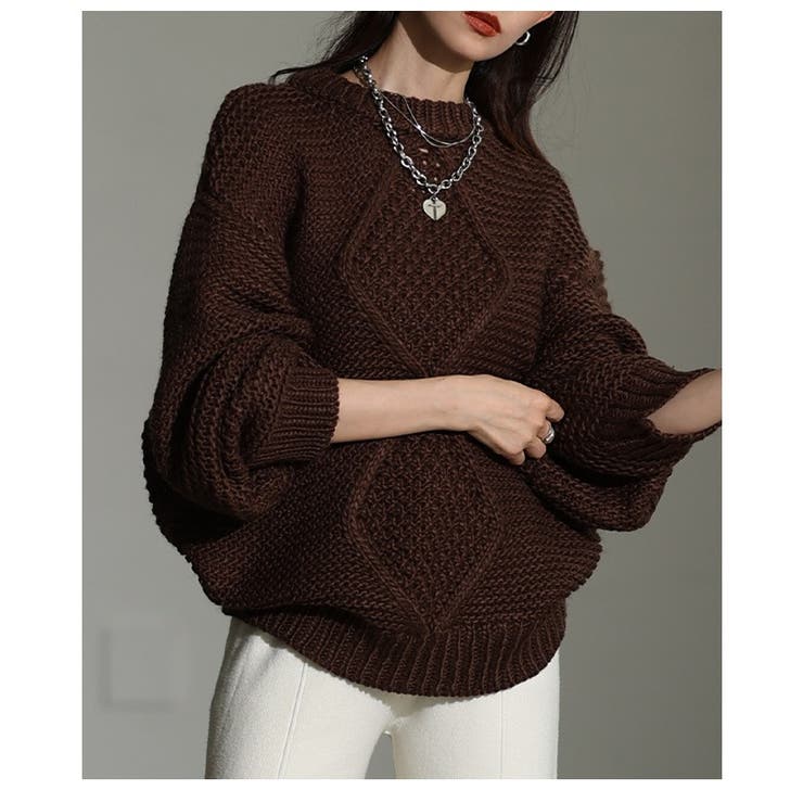 ブラウン | ざっくり編みの表情が魅力なフロントダイヤ柄ローゲージニットトップス レディース | Sawa a la mode
