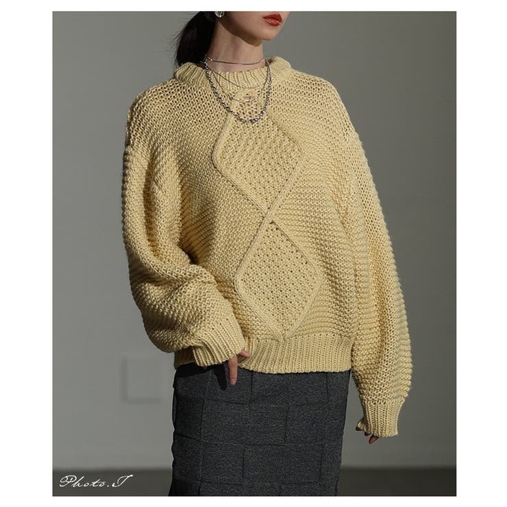 イエロー | ざっくり編みの表情が魅力なフロントダイヤ柄ローゲージニットトップス レディース | Sawa a la mode