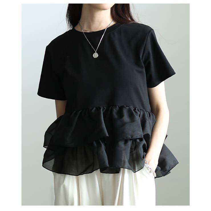 ブラック | 日常を特別にする異素材ティアードフリルTシャツ レディース ファッション | Sawa a la mode