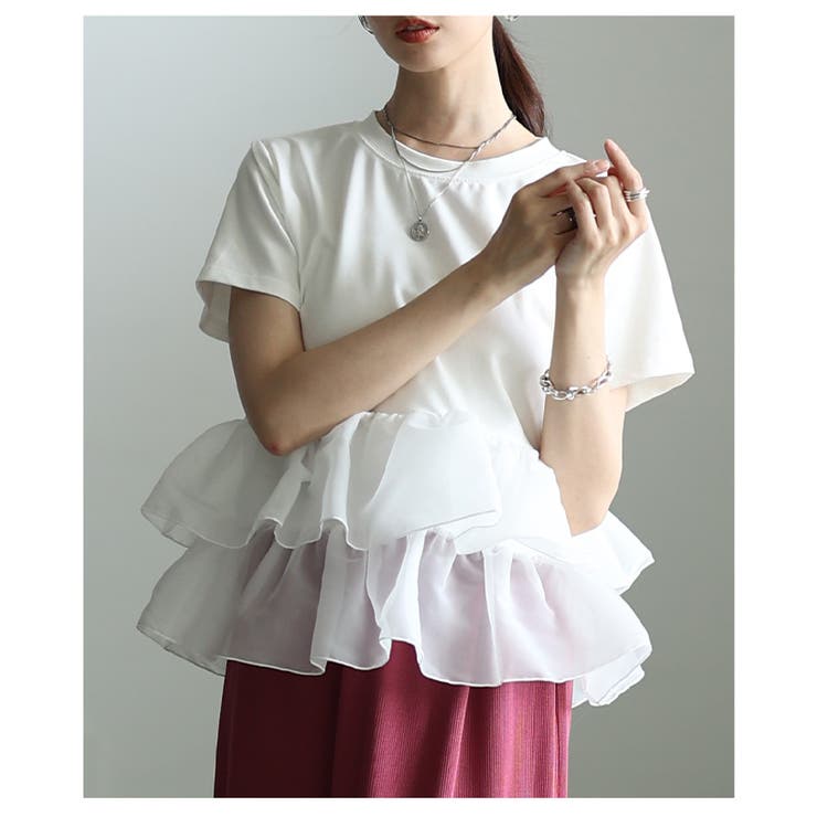オフホワイト | 日常を特別にする異素材ティアードフリルTシャツ レディース ファッション | Sawa a la mode