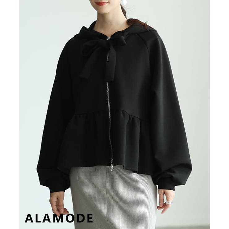 ブラック | 顔まわり華やぐリボンタイペプラムパーカー レディース トップス | Sawa a la mode