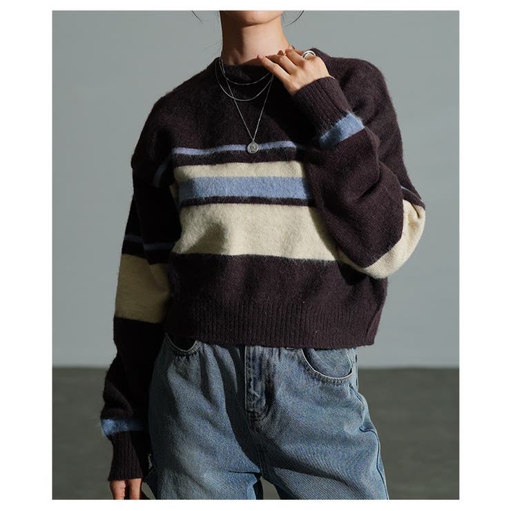 ブラウン | リズミカルに描かれたマルチボーダー起毛ニットセーター レディース ファッション | Sawa a la mode