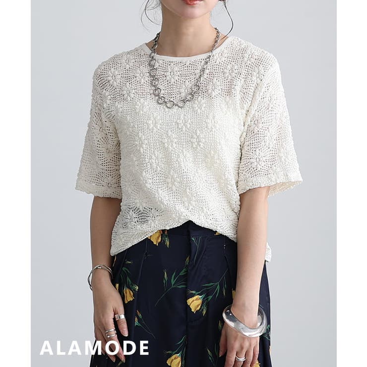 アイボリー | 涼やかに映えるフラワーメッシュクルーネックプルオーバー レディース トップス | Sawa a la mode