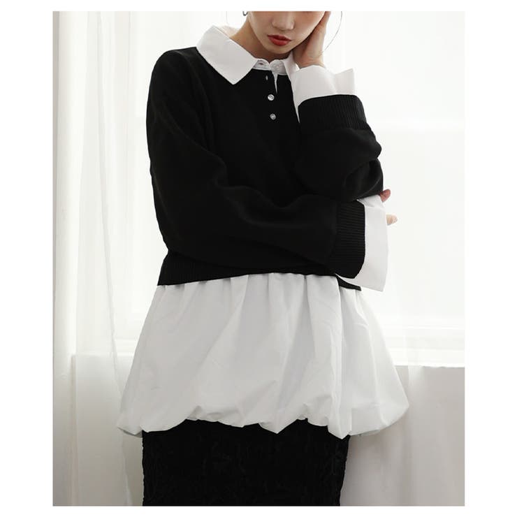 ブラック | トレンドを抑えたフェイクレイヤードバルーンヘムトップス レディース ファッション | Sawa a la mode