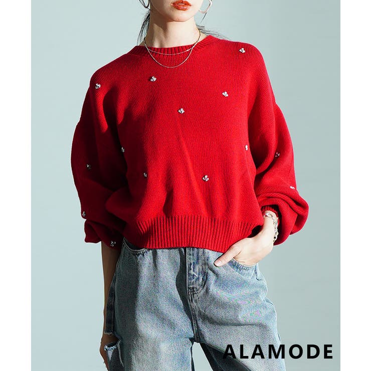 レッド | 毎日をキラキラさせるビジューニットトップス レディース トップス | Sawa a la mode