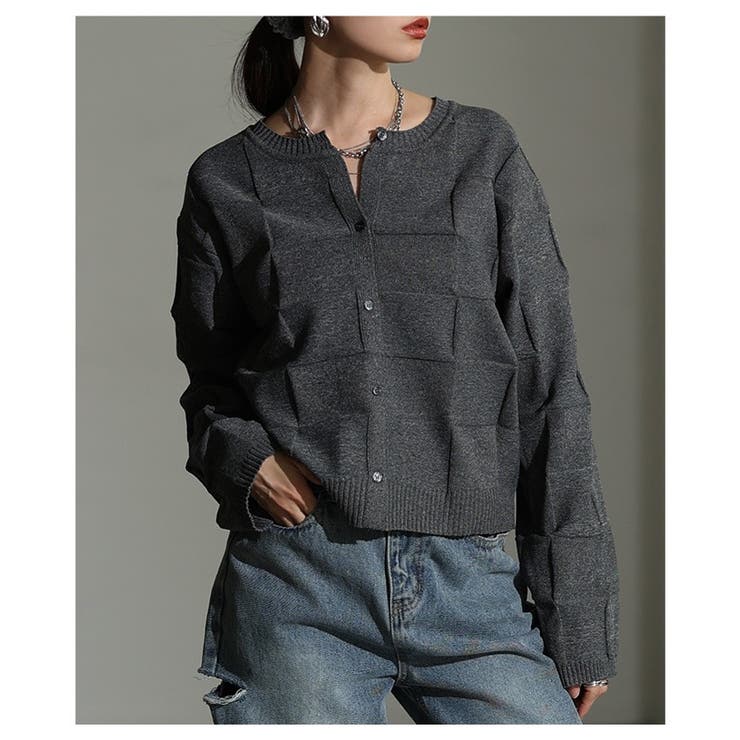 杢グレー | スタイルが研ぎ澄まされるエンボスチェックニットカーディガン レディース | Sawa a la mode
