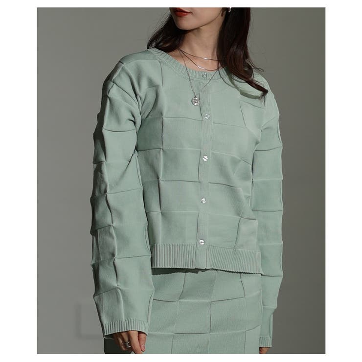 ミントグリーン | スタイルが研ぎ澄まされるエンボスチェックニットカーディガン レディース | Sawa a la mode