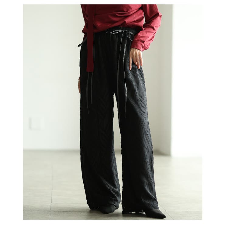 ブラウン | 光と影が描くウエストリボンジャガードワイドパンツ レディース ファッション | Sawa a la mode