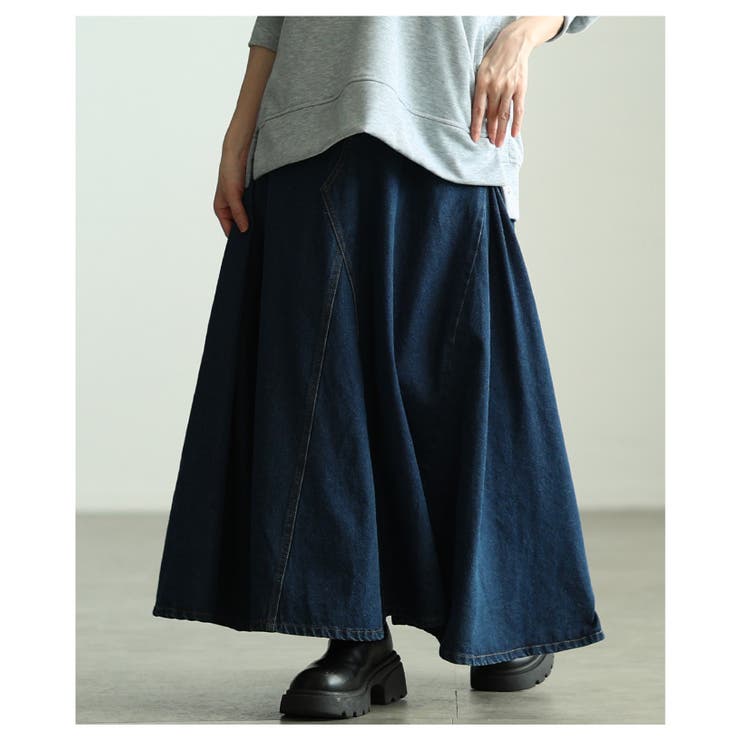 ネイビー | 華やかに揺れるコットンデニムフレアゴアスカート レディース ファッション | Sawa a la mode
