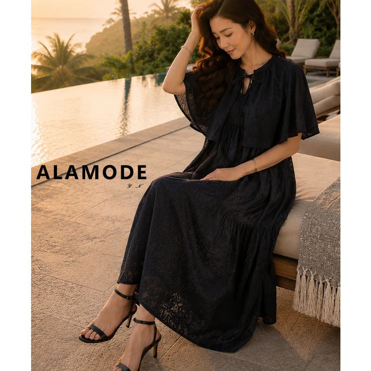ブラック | ふわりラグジュアリーなケープ付きインド綿ワンピース レディース ファッション | Sawa a la mode