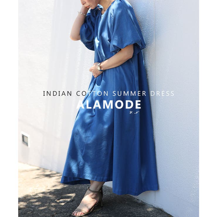 ネイビー | 柔らかな雰囲気宿るバルーンスリーブインド綿ワンピース レディース ファッション | Sawa a la mode