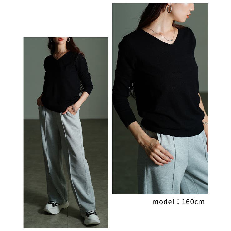 ブラック | ベーシックで着回し力抜群なVネックニットトップス レディース ファッション | Sawa a la mode