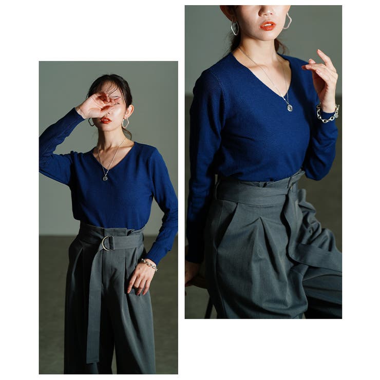 ブルー | ベーシックで着回し力抜群なVネックニットトップス レディース ファッション | Sawa a la mode
