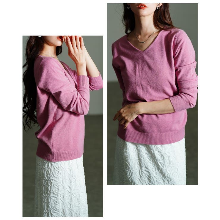 ピンク | ベーシックで着回し力抜群なVネックニットトップス レディース ファッション | Sawa a la mode