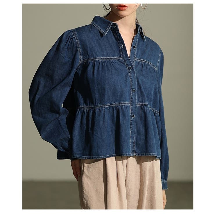 ネイビー | 一枚で主役級なビスチェ風シャーリングダンガリーシャツ レディース ファッション | Sawa a la mode