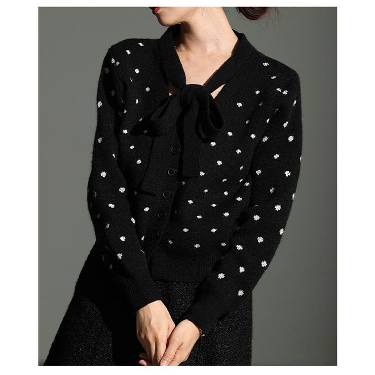 ブラック | 変化を楽しむリボンタイ付きドットジャガードカーディガン レディース ファッション | Sawa a la mode