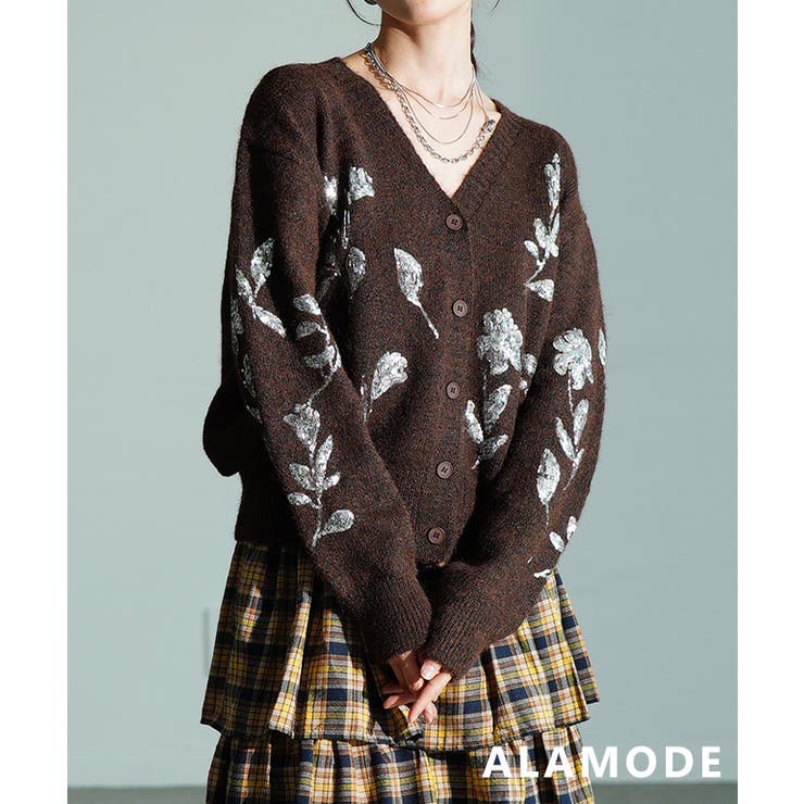 ブラウン | 上品に映えるスパンコールフラワーカーディガン レディース トップス | Sawa a la mode