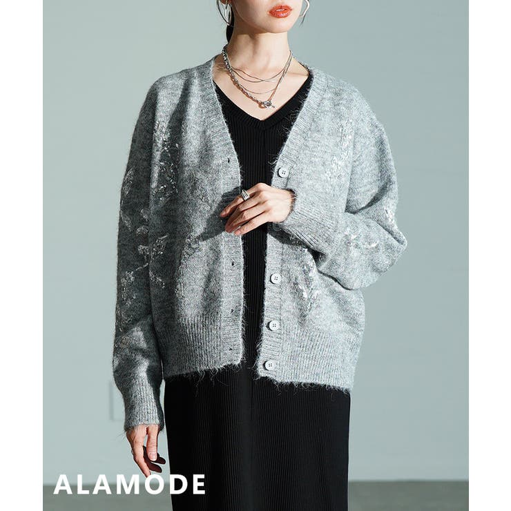 グレー | 上品に映えるスパンコールフラワーカーディガン レディース トップス | Sawa a la mode