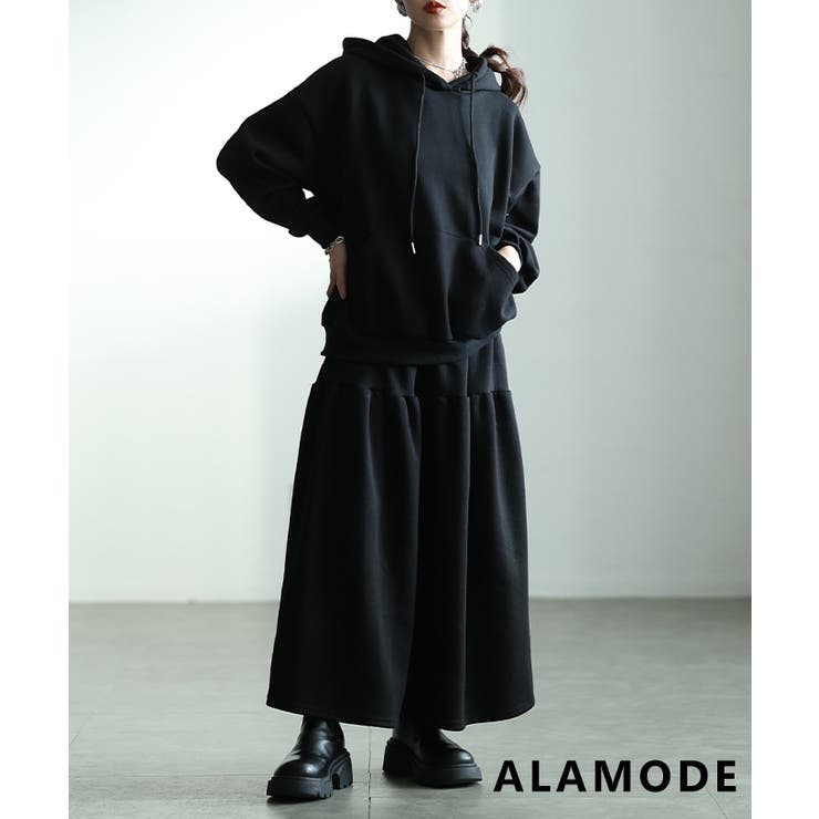 ブラック | 楽に着れて暖かい裏起毛トップス＆スカートセットアップ レディース トップス | Sawa a la mode