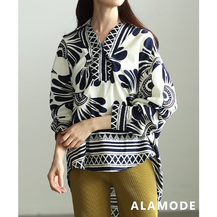 ブルー | 大胆柄で魅せるアフリカン柄キーネックチュニック レディース トップス | Sawa a la mode