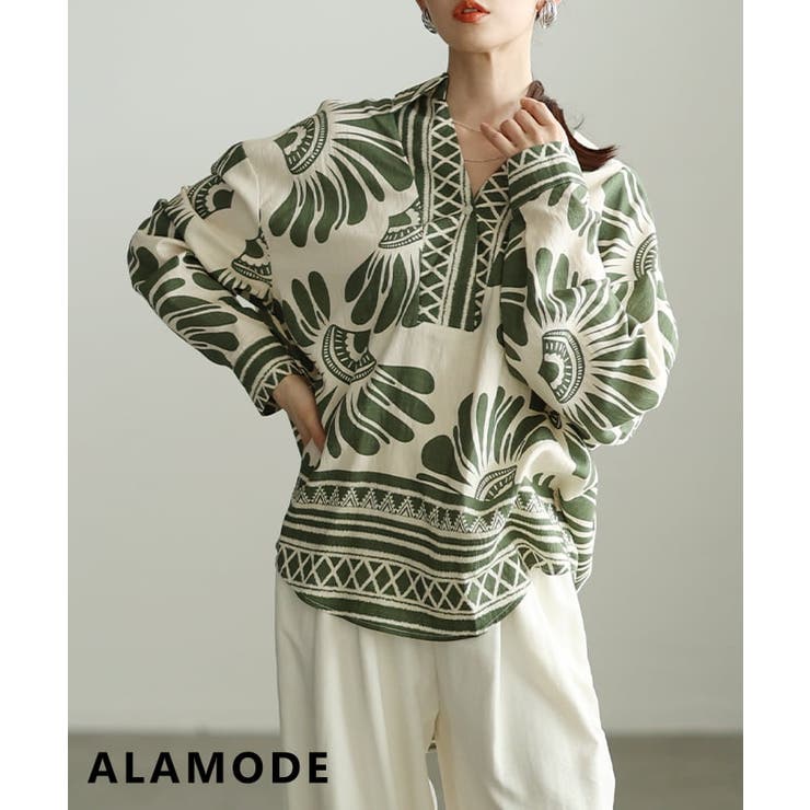 グリーン | 大胆柄で魅せるアフリカン柄キーネックチュニック レディース トップス | Sawa a la mode