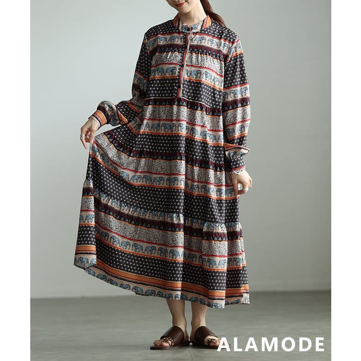 ブラック | 一枚で完成するオリエンタル柄ティアードワンピース レディース ワンピース | Sawa a la mode